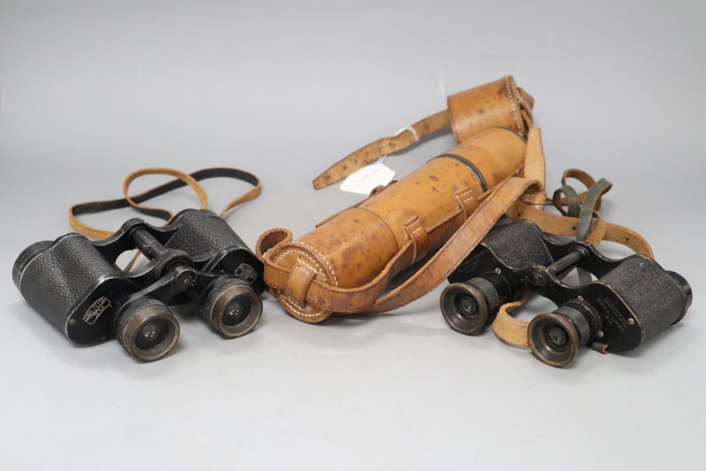 A Parker and Co. 100 yard spotter three draw telescope and two pairs of binoculars